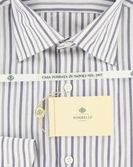 Luigi Borrelli Gray Mignight Navy Blue, White Striped Cotton Shirt 15.75/40