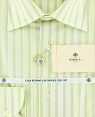 Luigi Borrelli Green White Striped Cotton Shirt -Slim Fit -15.75/40