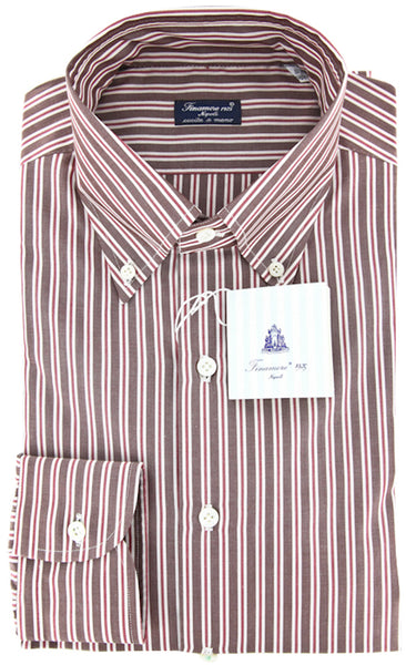 Finamore Napoli Brown White, Red Striped Cotton Shirt 16.5/42