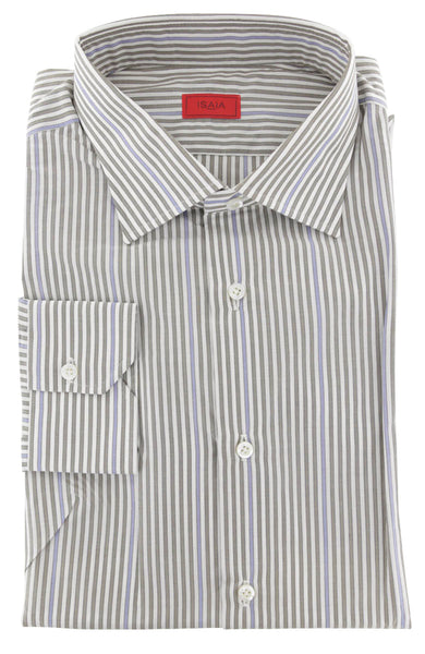 Isaia Light Brown Striped Cotton Shirt - Slim - (358) - Parent
